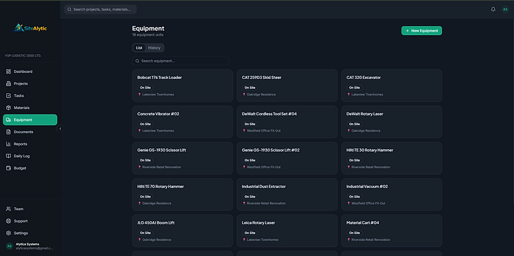 SiteAlytic app screenshot: Equipment assignment and history