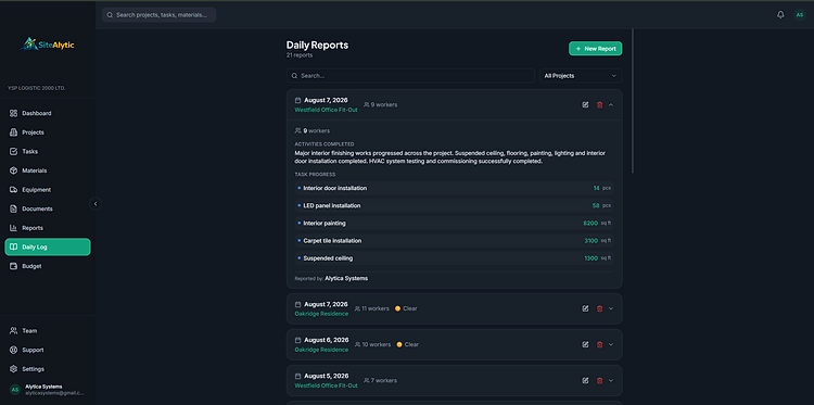 SiteAlytic app screenshot: Daily report: activities, weather, workforce