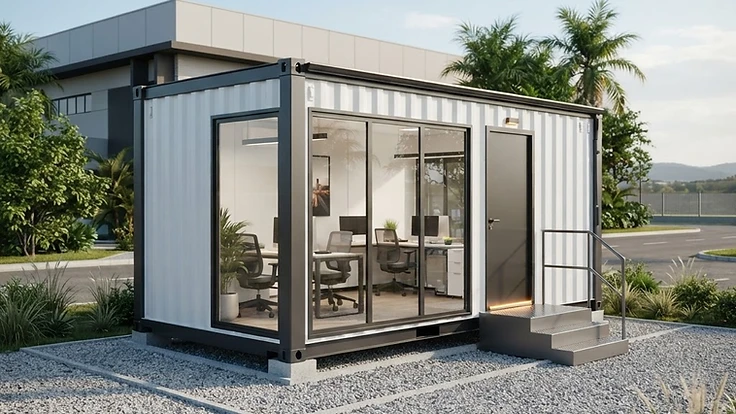 Container escritório branco com janelas amplas em uma área preparada para instalação