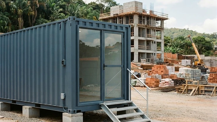 Ilustração de container escritório azul com janela e acesso por escada em um canteiro de obras.