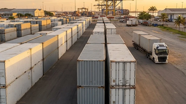 Pátio com containers modulares e caminhão para entrega em Campinas