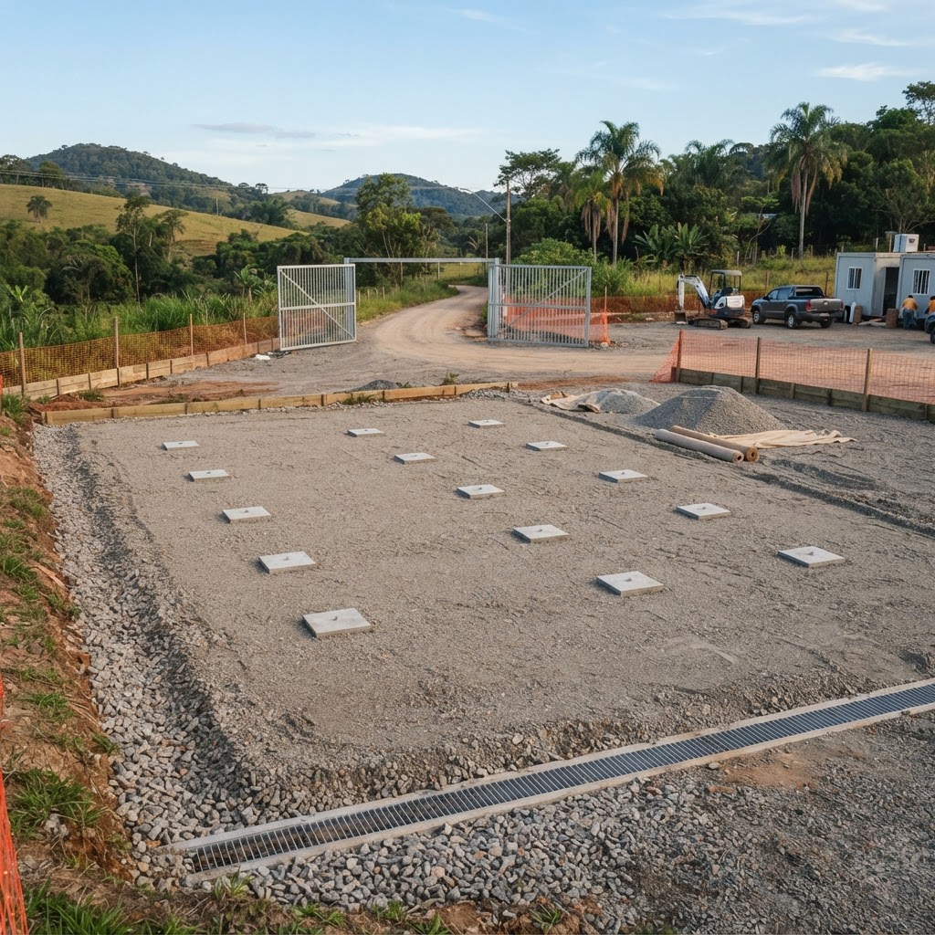 Área ilustrativa com piso nivelado, apoios de concreto e acesso livre antes da entrega de um container