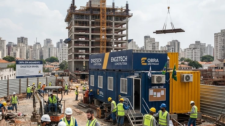 Obra com guindaste e container de apoio no canteiro