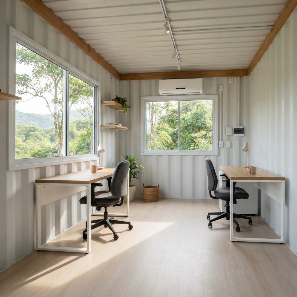Interior ilustrativo de container escritório com mesas, janelas e ar-condicionado
