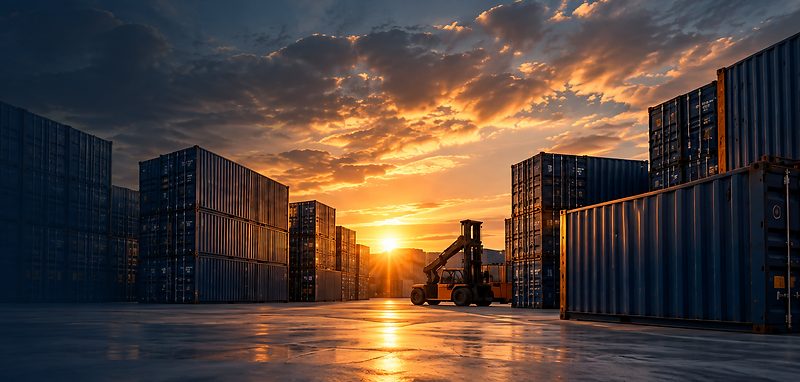 Pátio de containers ao pôr do sol