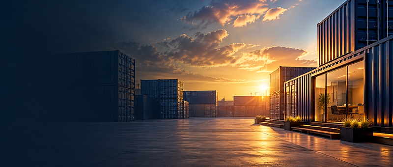 Containers e escritório modular ao pôr do sol