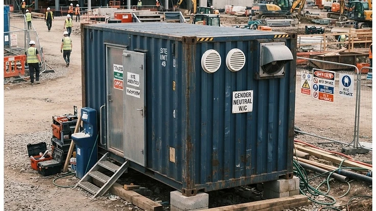 Container banheiro instalado em canteiro de obra