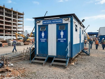 Container sanitário modular com banheiros masculino e feminino para obras, empresas e eventos em Campinas.