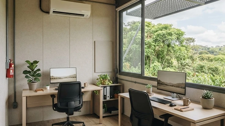 Interior de container escritório com revestimento claro, janela sombreada e ar-condicionado