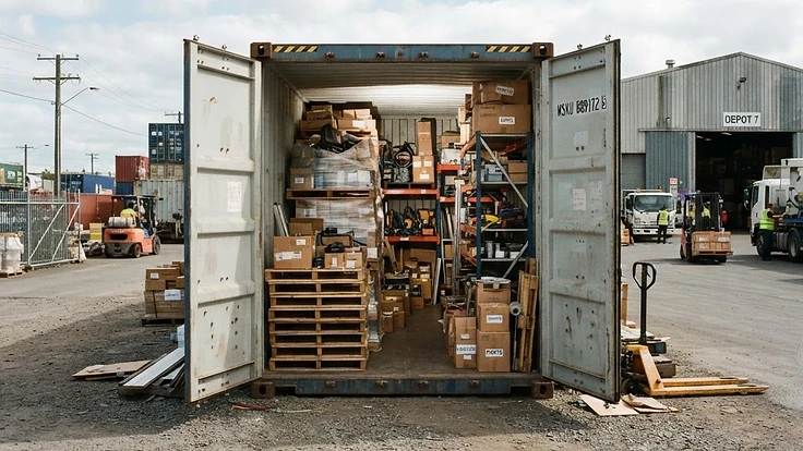 Container depósito com portas abertas e materiais armazenados