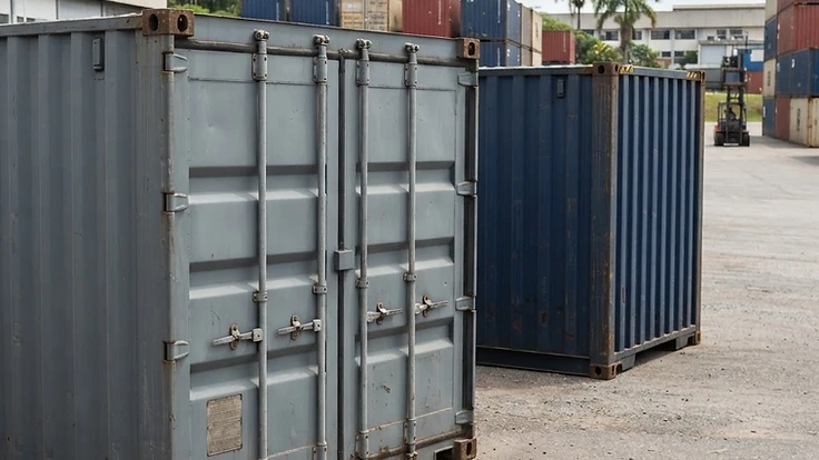Ilustração de containers marítimos cinza e azul em um pátio, com portas, barras de fechamento e estrutura externa visíveis.