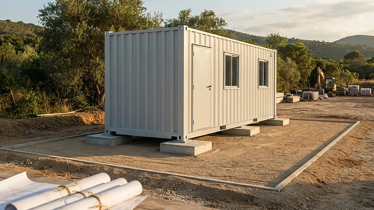 Container modular apoiado em bases de concreto em local preparado, com plantas de planejamento em primeiro plano