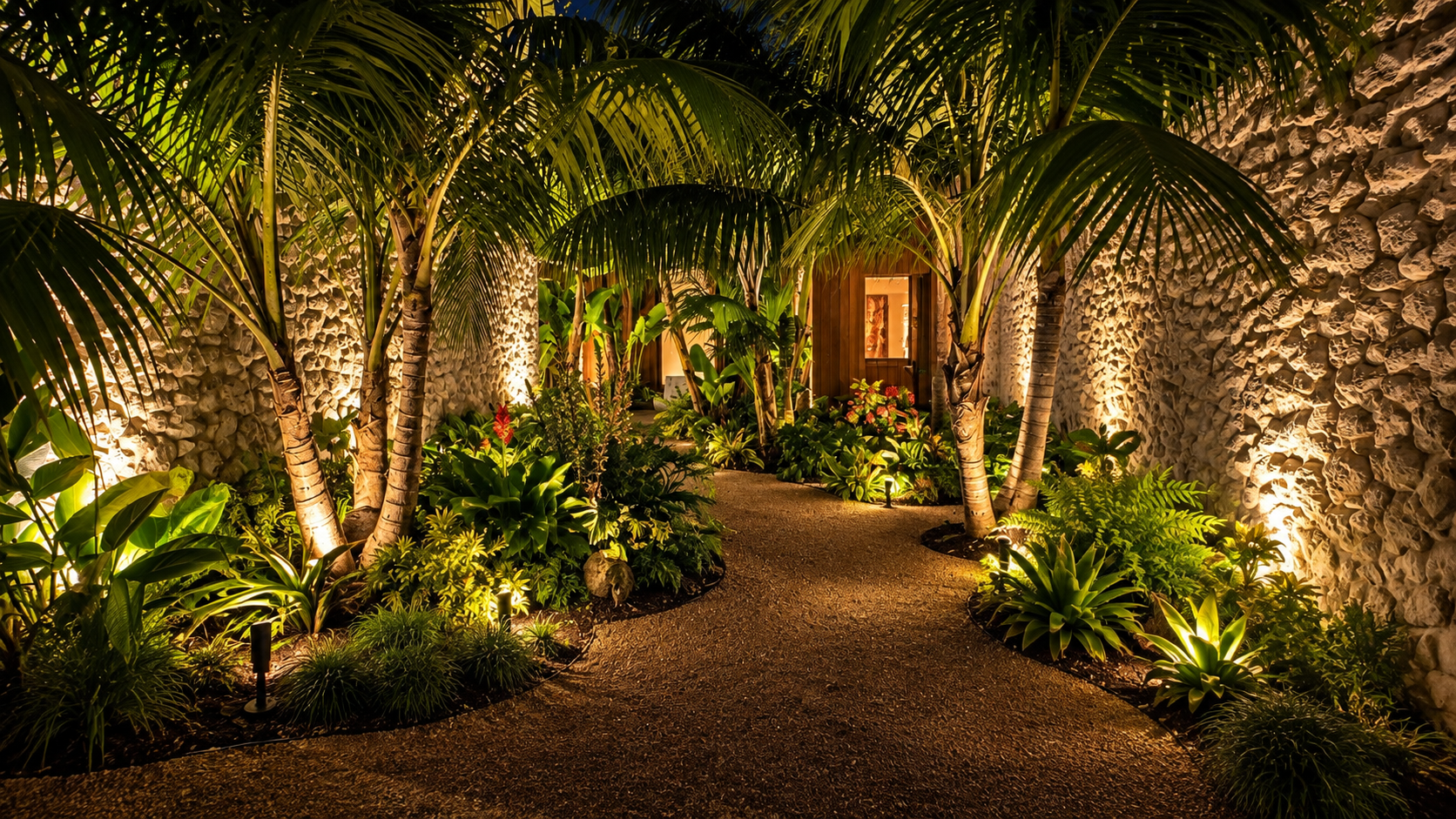 Lit Garden Walkway at Night — outdoor living project in Santa Barbara, CA