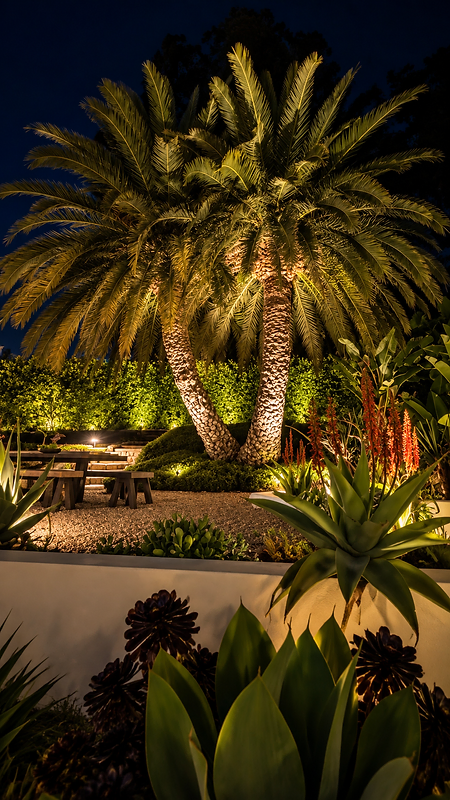 Up-lit palm trees with warm landscape lighting in a Santa Barbara garden at night