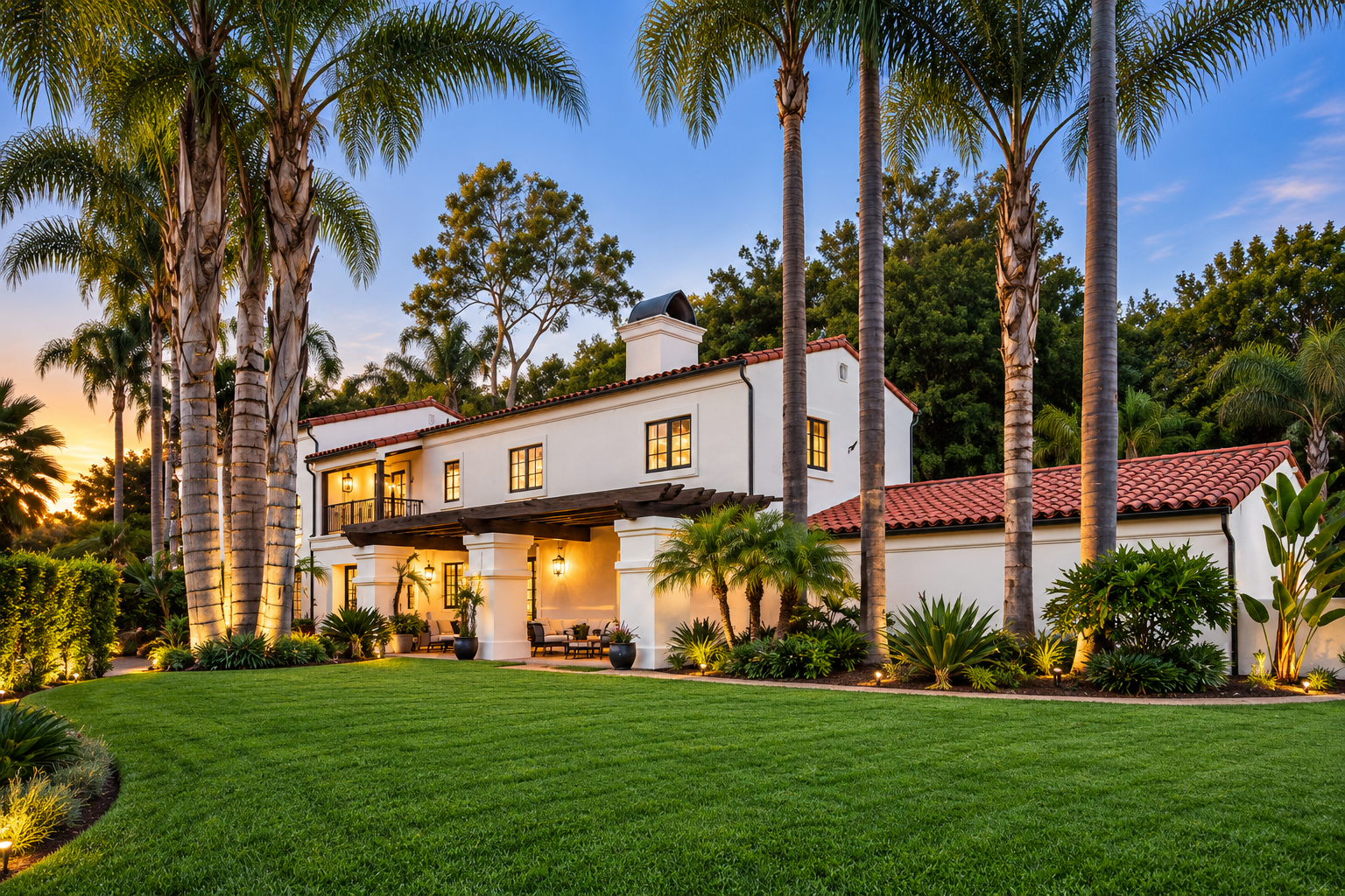 Spanish-style Santa Barbara estate with illuminated palms and manicured lawn at twilight, landscaped by Reyes Gardening Services