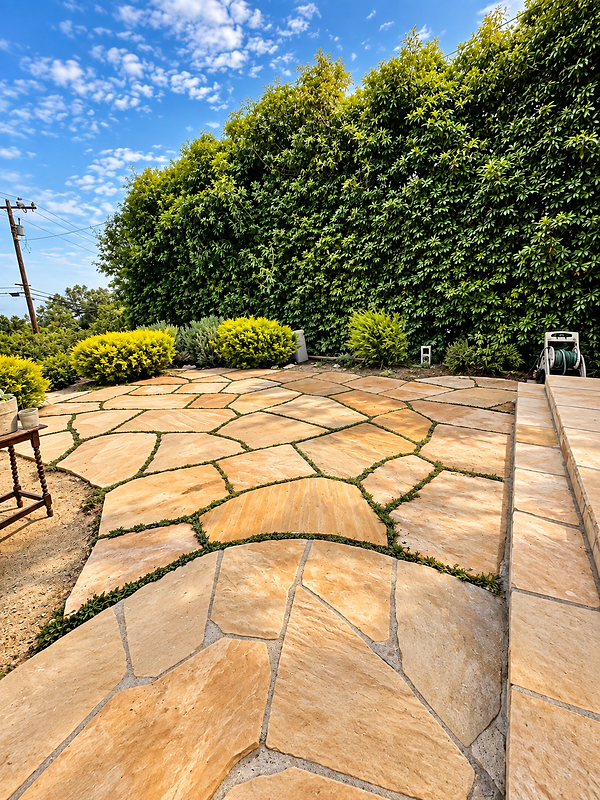 Flagstone Patio & Privacy Hedge — hardscape project in Santa Barbara, CA
