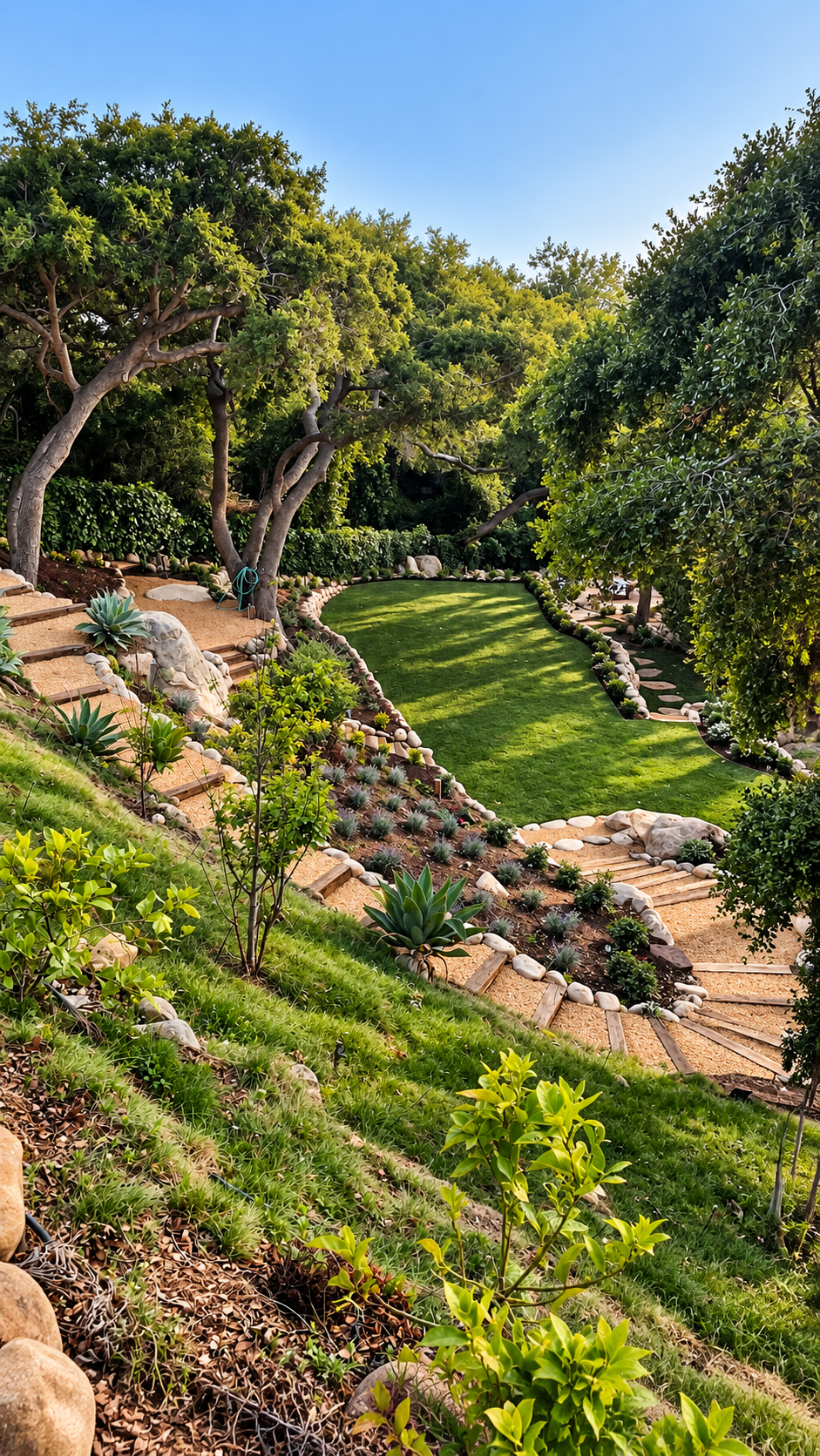 Terraced Garden with Lawn & Gravel Paths — hardscape project in Santa Barbara, CA