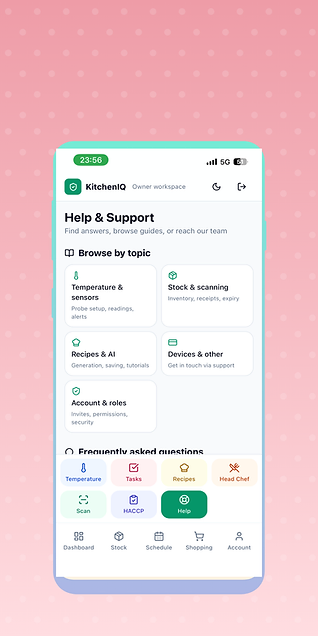 Help & support screen in the KitchenIQ app
