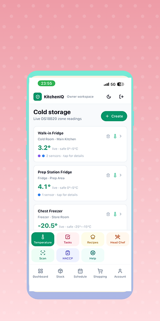 Cold storage monitoring screen in the KitchenIQ app