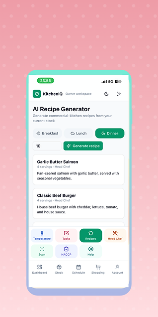 AI recipe generator screen in the KitchenIQ app