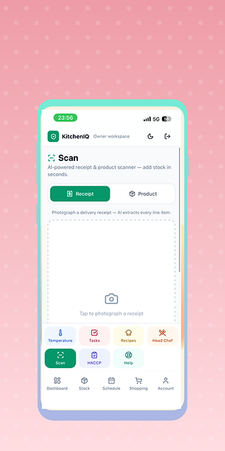 AI receipt & product scanner screen in the KitchenIQ app