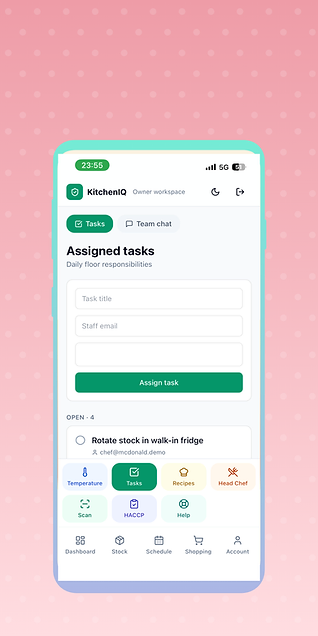 Assigned tasks screen in the KitchenIQ app