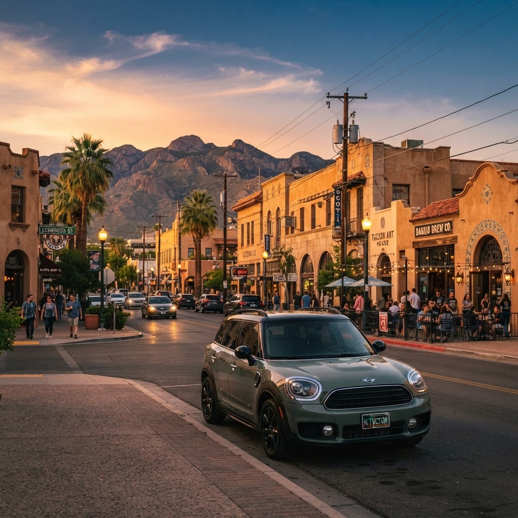 Mini Cooper Countryman on an urban Tucson street at golden hour