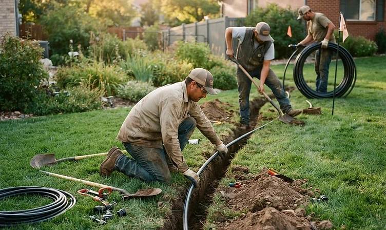 Irrigation installation crew laying pipe in a residential yard