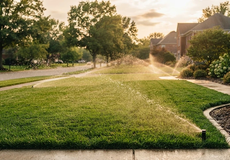 Lush green Indianapolis lawn with irrigation system spraying water at golden hour