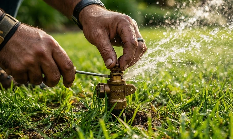 Close-up of a sprinkler head being adjusted on a healthy green lawn