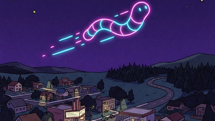 Gloworm light creature flying over a town at night