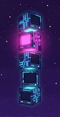 Glowing computer cubes in a night sky