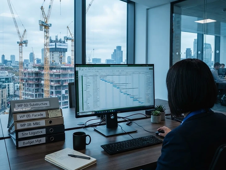 Project schedule and work package folders in a UK office overlooking construction cranes