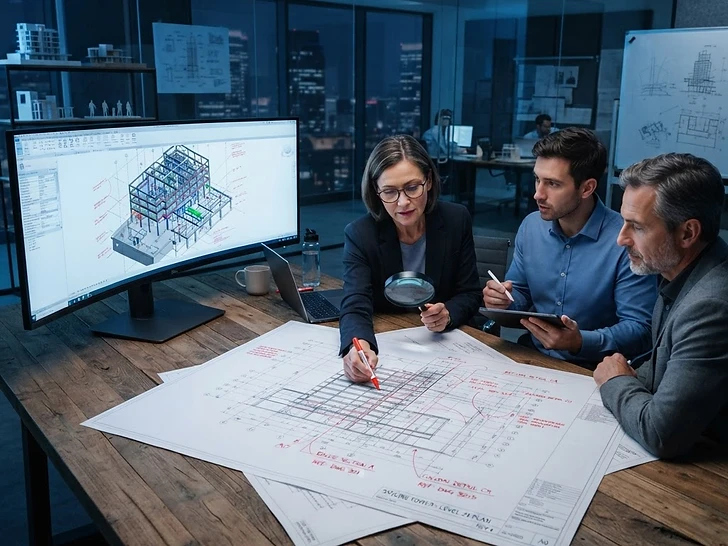 Engineering design review with technical drawings and a BIM model
