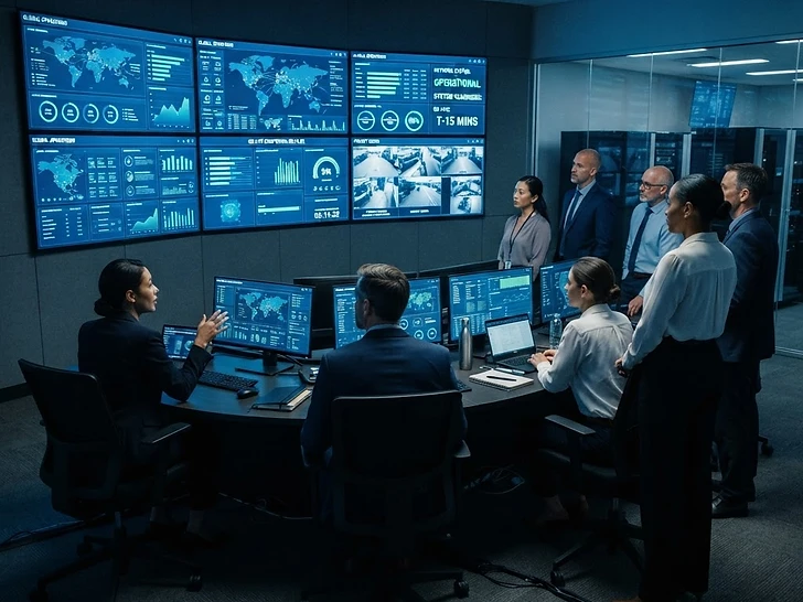 Operations team briefing in a facility control room before go-live