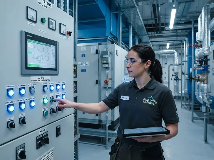 Commissioning engineer energising air handling units at a plant room control panel
