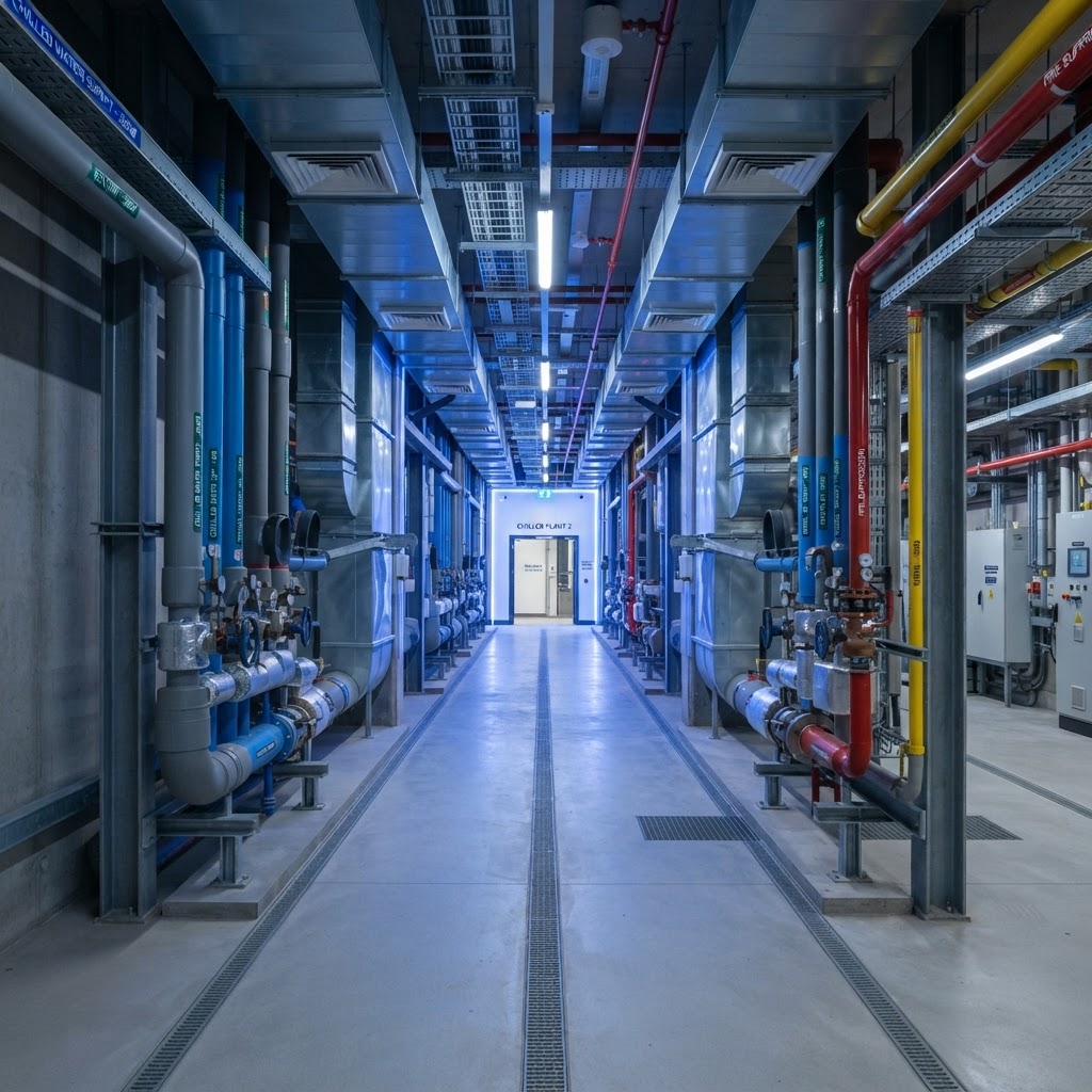 Colour-coded pipework and ducts in a modern plant space
