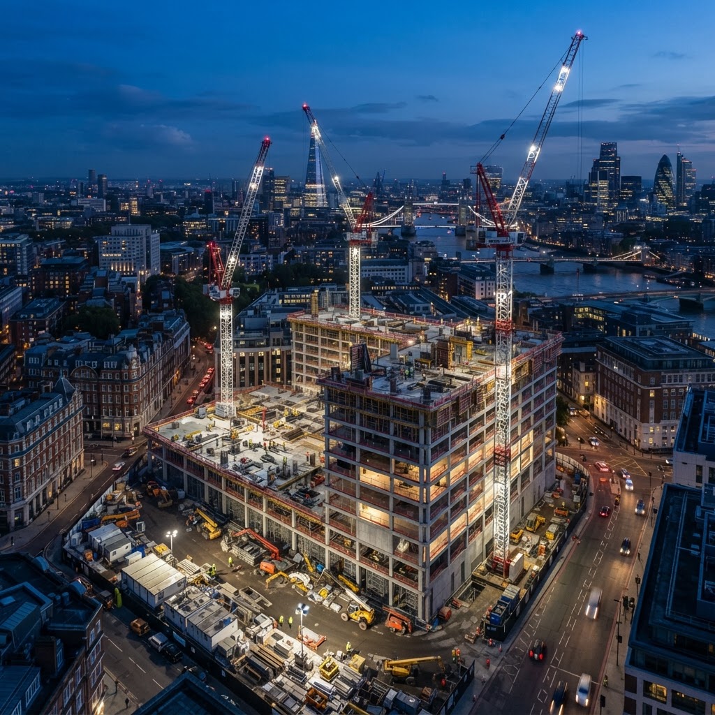 Aerial view of a UK concrete frame construction site with tower cranes
