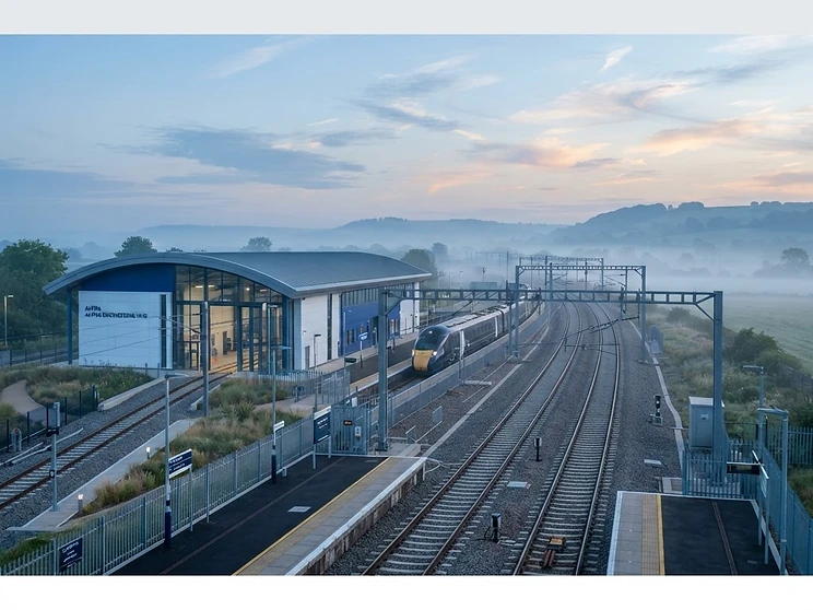 UK infrastructure corridor at dawn with a modern engineering building nearing completion