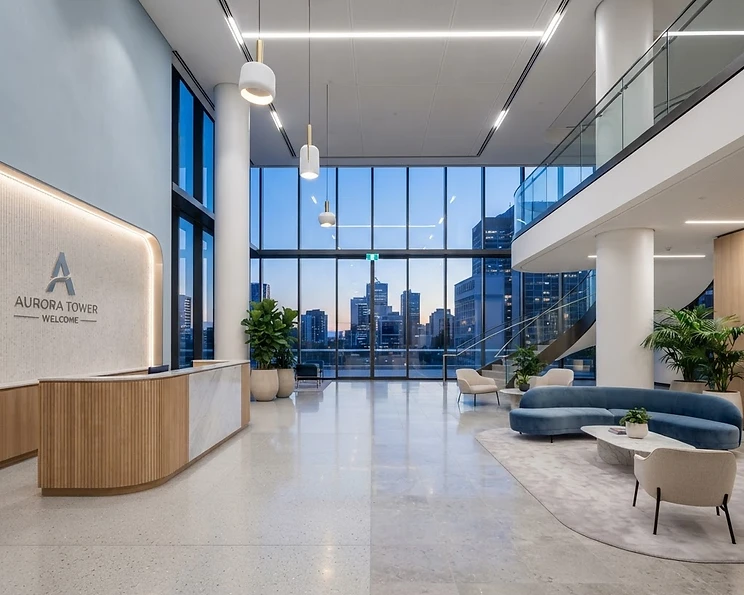 Completed modern building lobby at dawn, ready for handover