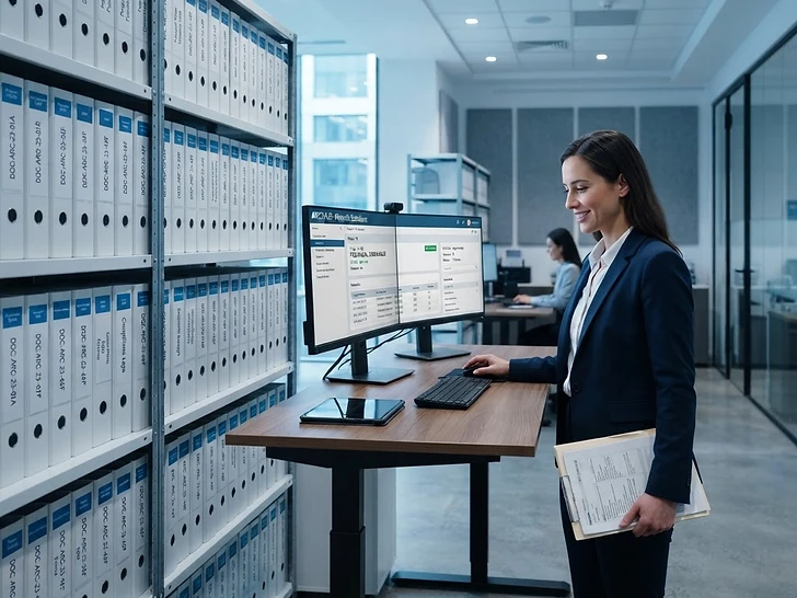 Document control room with archive binders and a digital records database