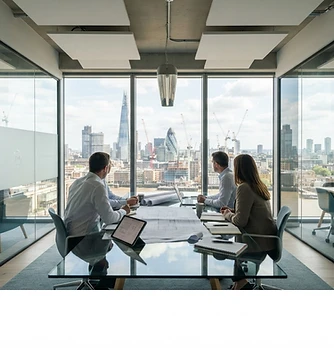 Engineering consultancy meeting space with technical drawings overlooking a UK city construction skyline