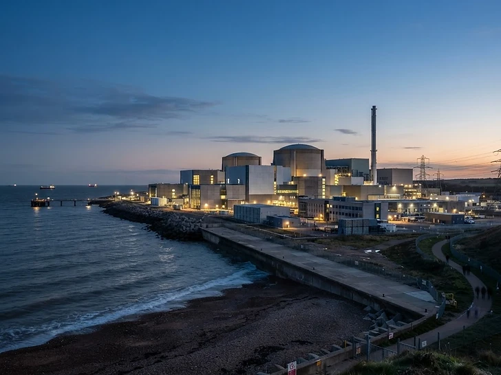 Modern UK nuclear power station on the coast at dusk