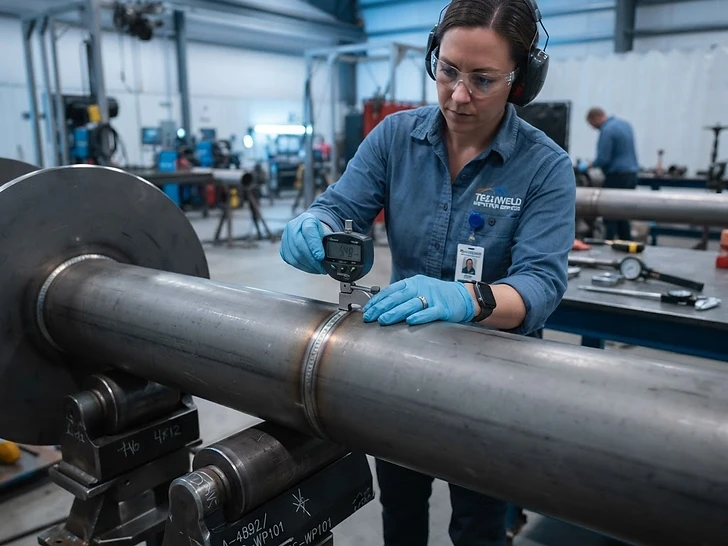 Quality inspector checking a precision weld on steel pipework