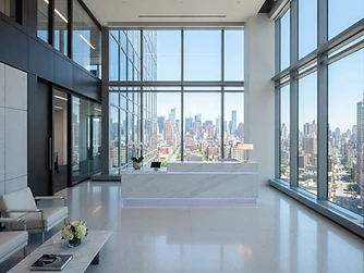 Bright modern office reception with glass, stone and blue accent lighting overlooking a city