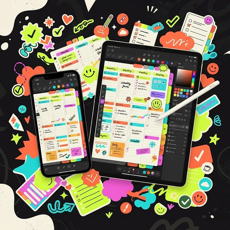 Bold Canva planner mockup collage with lime and coral accents