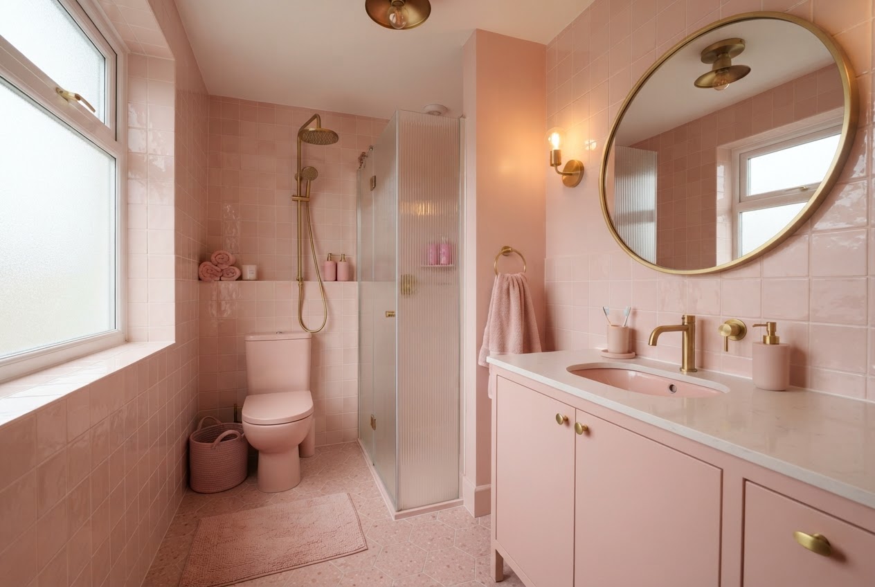 Small bathroom with all-pink monochromatic color scheme and brass fixtures