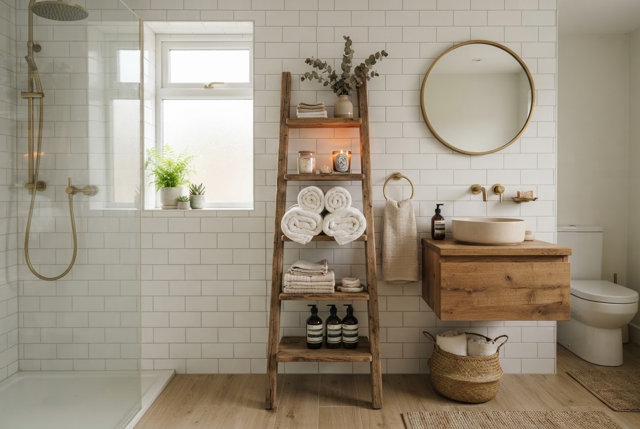Small bathroom with leaning wooden ladder shelf styled with towels
