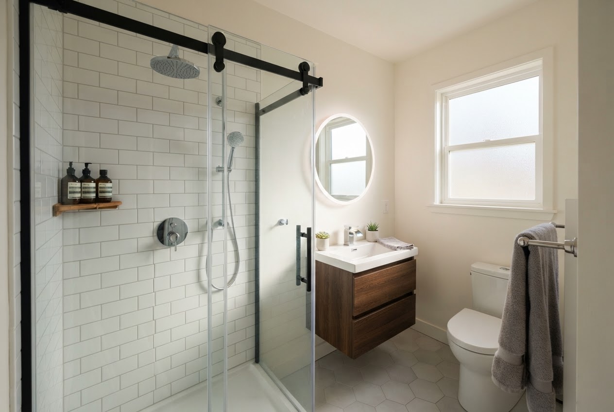 Small bathroom with sliding glass shower door on matte black track