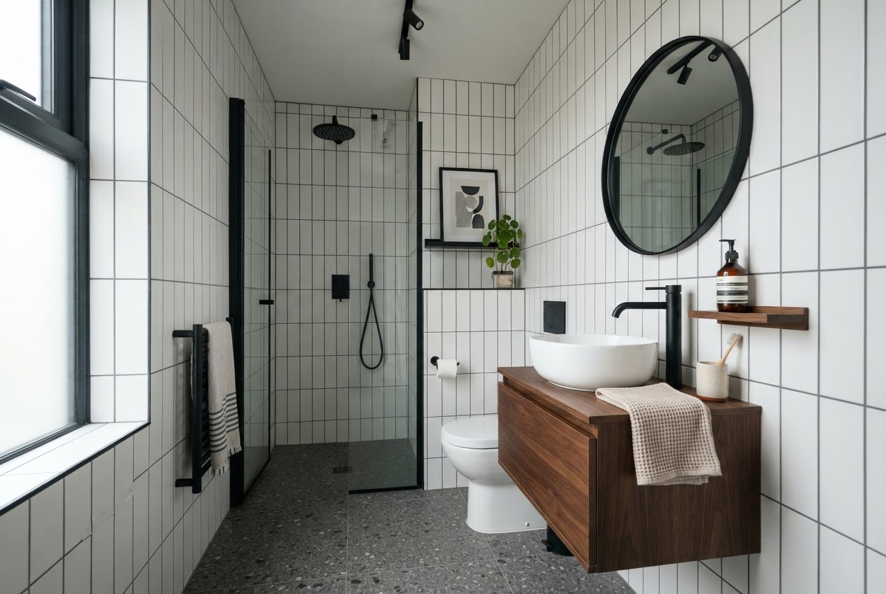 Small bathroom with vertical stacked white subway tiles and dark grout